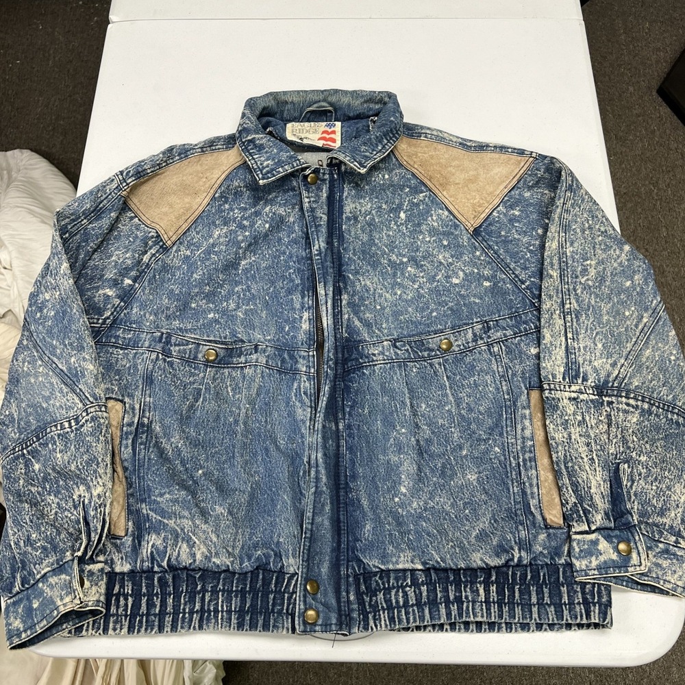 Eagles Ridge Denim Jacket Mens L Blue Acid Wash Western Trim Bomber Vintage